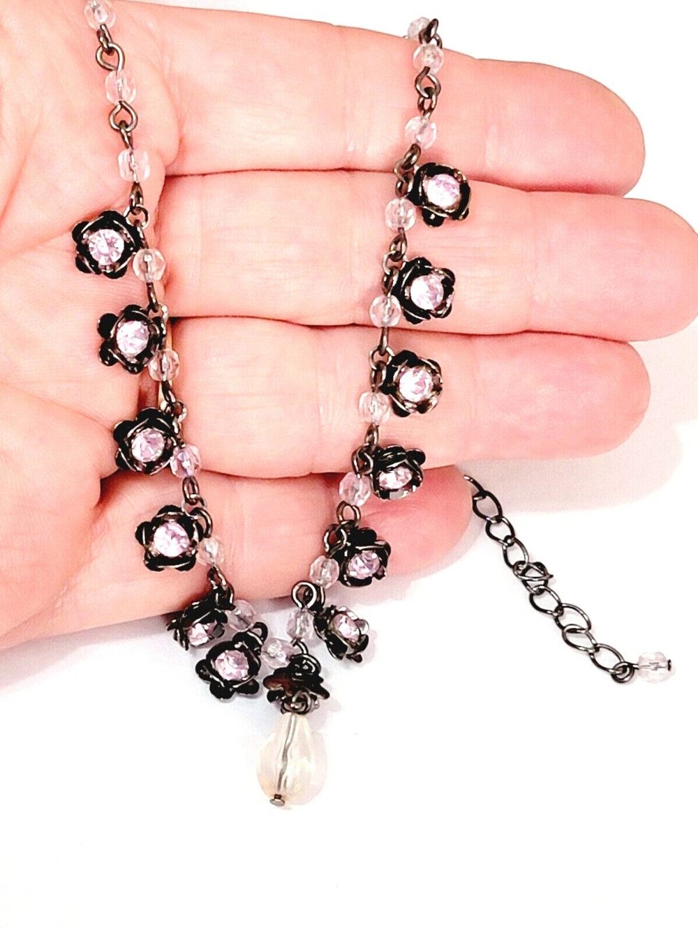 Victorian Style Flowers Drop Necklace Pink Silver-tone Romantic sn01-24